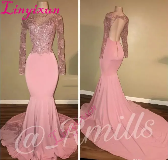 

Pink Beaded Lace Mermaid Prom Dresses 2020 Silhouette Crew Neck Backless Long Sleeves Custom Made Evening Gowns
