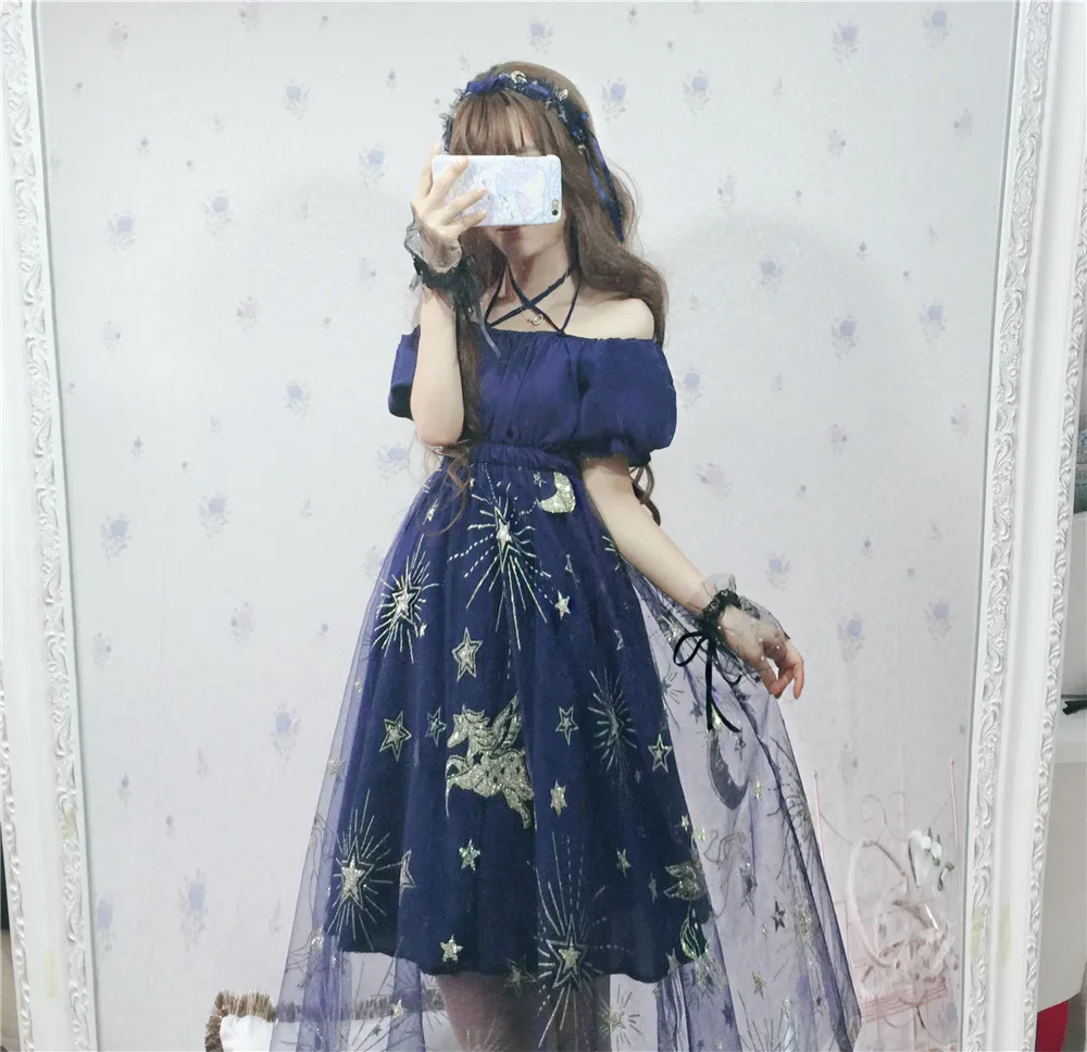 

2018 Summer Harajuku Cross straps gauze dress Slash neck collar Dream dress Pegasus Starry Sky