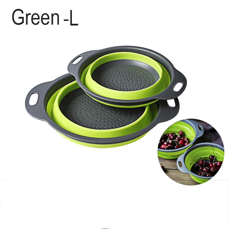 Green L Многофункциональный кухонный складной силиконовый дуршлаг для фруктов и овощей Экономия пространства объятия-предложения - Color: Green L