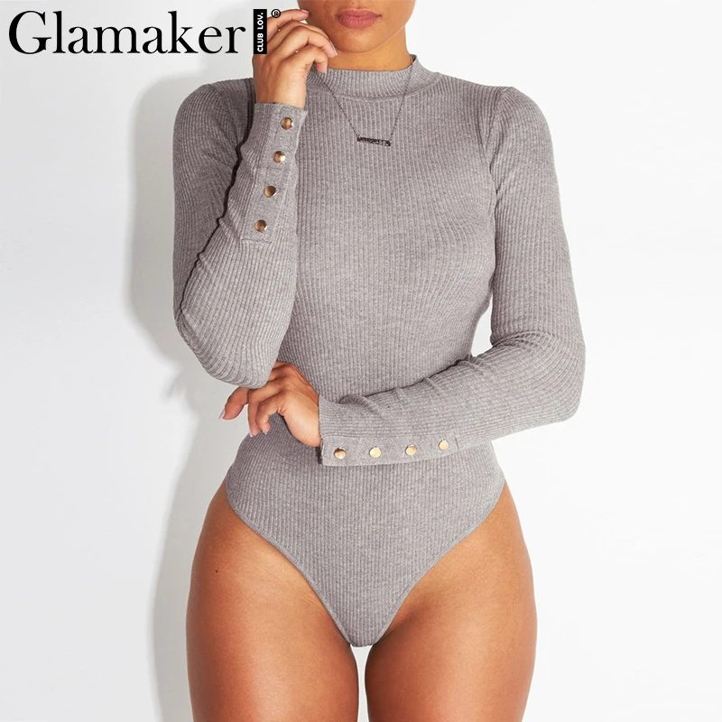 Glamaker, трикотажный сексуальный облегающий боди с высоким воротом, женский короткий комбинезон с пуговицами, женский комбинезон с длинным рукавом, повседневный комбинезон