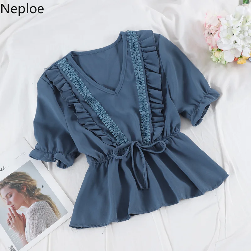 Neploe Лето 2019 женские топы милая девушка v образным вырезом Фонарь короткий рукав