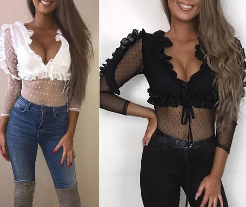 Женская летняя модная одежда прозрачная Цветочная оборка сетка футболка из