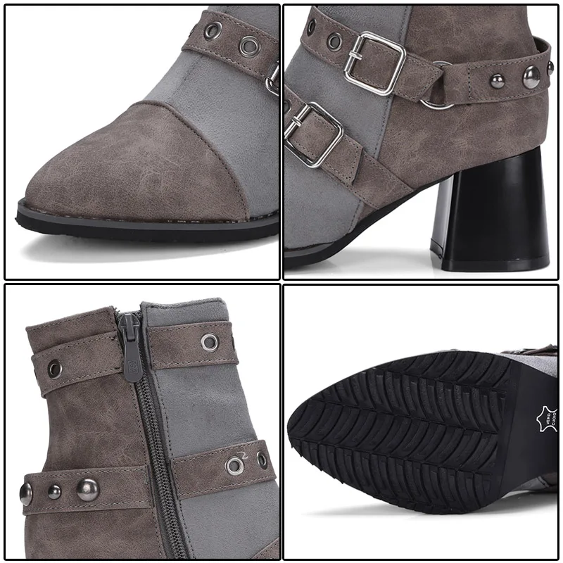 Phoentin zipper punk boots woman ankle strap patchwork narrow band female winter hoof heels 6cm women shoes FT226 | Обувь