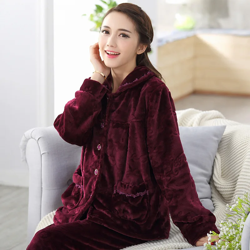 Pajamas Women Sets Winter Solid Color Long Sleeve Gold Velvet Keep Warm Pocket Button Pyjamas Home Clothes Lingerie Pajama | Женская