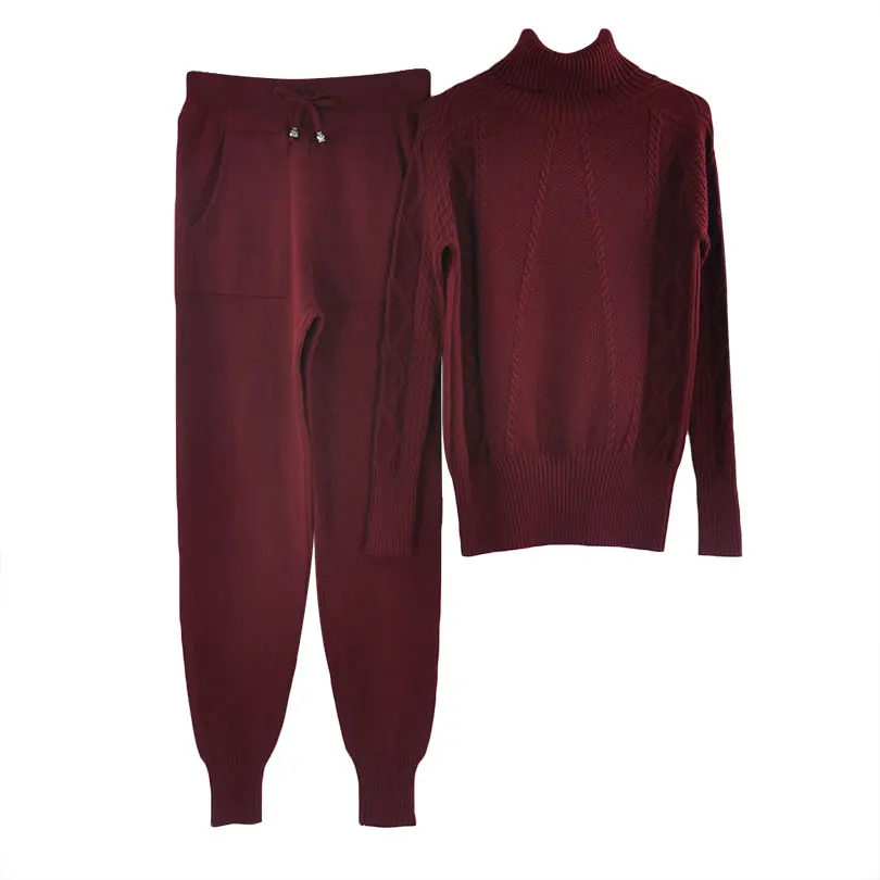 Purplish Red Женский утепленный вязаный костюм MVGIRLRU, мягкий костюм со свитером с переплетением и высоким воротником и с широкими брюками, спортивный костюм - Цвет: Purplish Red