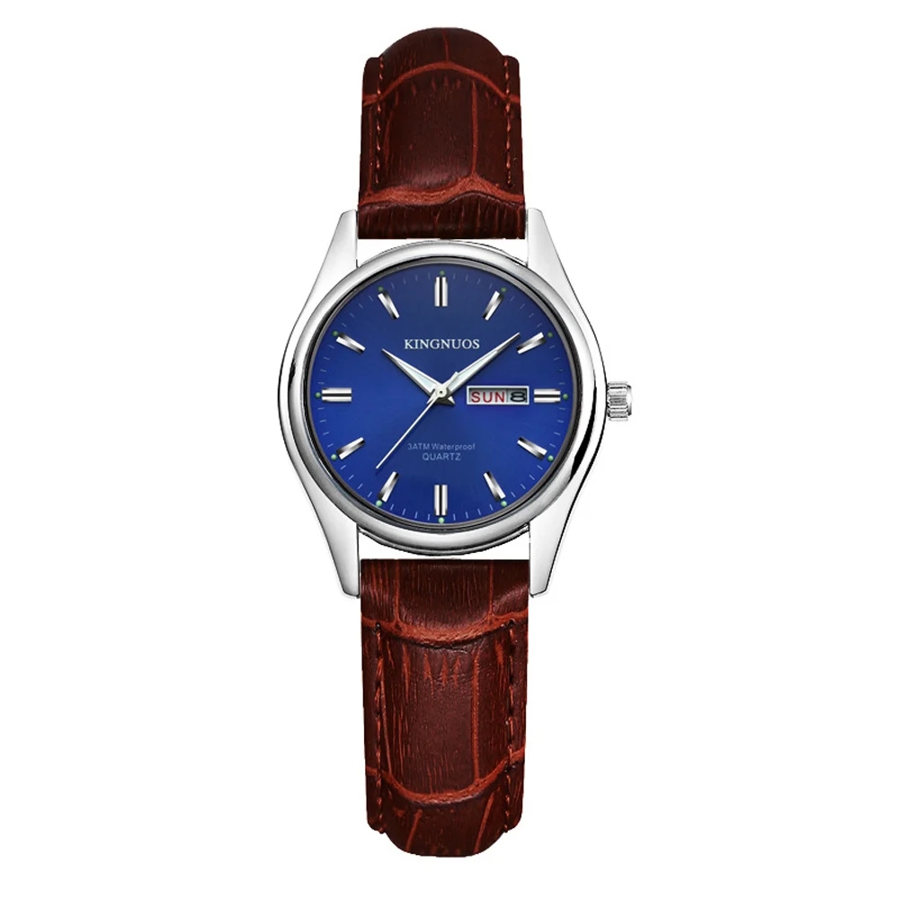 Women Brown Blue KINGNUOS брендовые модные роскошные часы-браслет из натуральной кожи для женщин, мужские часы с двойным временем, мужские часы, мужские часы - Цвет: Women Brown Blue