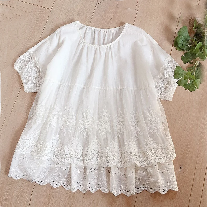 Lolita Water Soluble Lace Embroidery O-Neck Short Sleeve Doll Shirt Blouse Female | Женская одежда