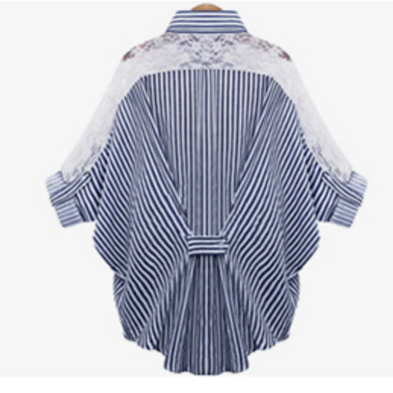 Yibaka women 2018 batwing sleeve turn down collar lace shirt blouse loose casual long striped |