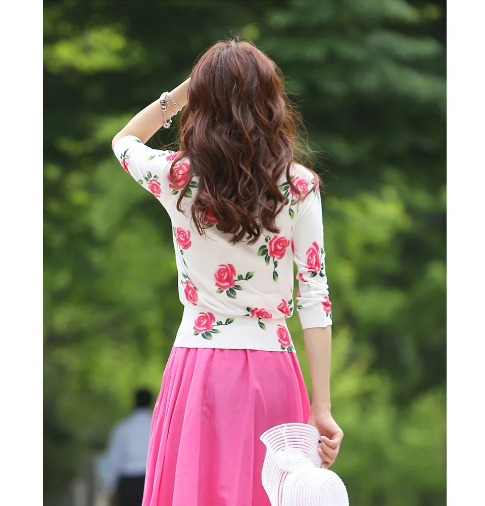 2015 Новое Лето Мода Стиль Женщины Роуз Цветочные Печати Три Четверти Рукав