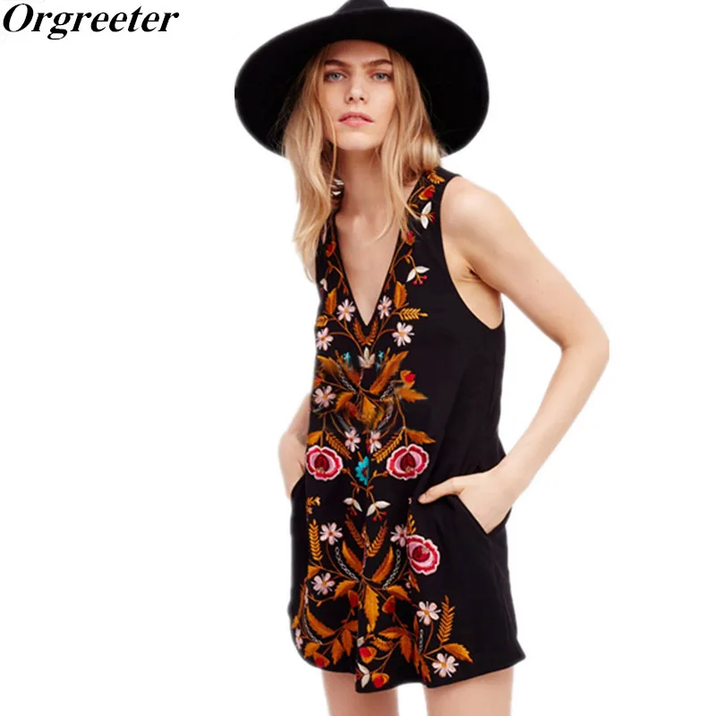 Orgreeter 2018 Summer Boho Women Mini Dress Sexy Deep V-neck Beach Holiday Vest Embroidery Loose Hippie Chic | Женская одежда