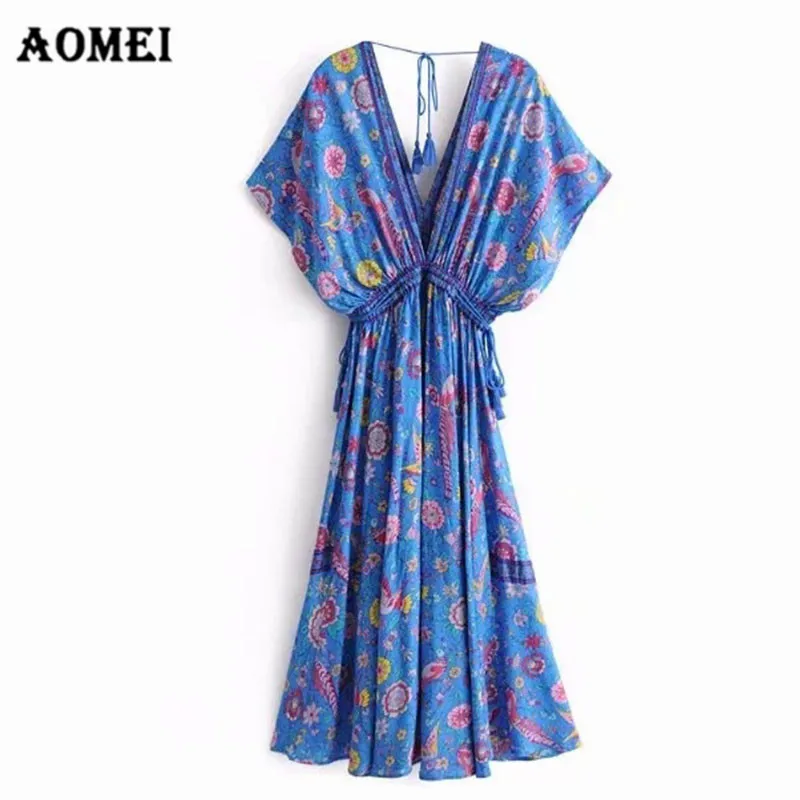 Женское платье богемный Летний Пляжный Boho с v образным вырезом и открытой спиной