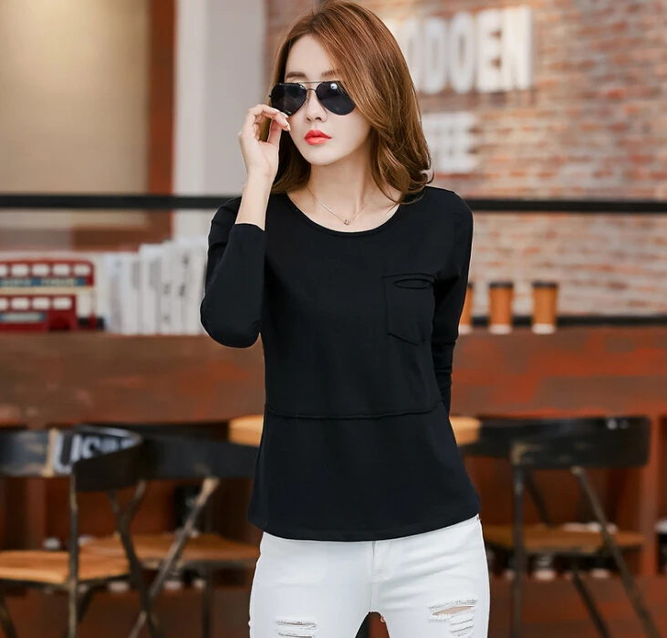 Cotton T-shirt Women Clothing Long sleeve Casual Plus Size T Shirt O neck Shirts Female Solid Pink Black Top Tees 2XL | Женская одежда