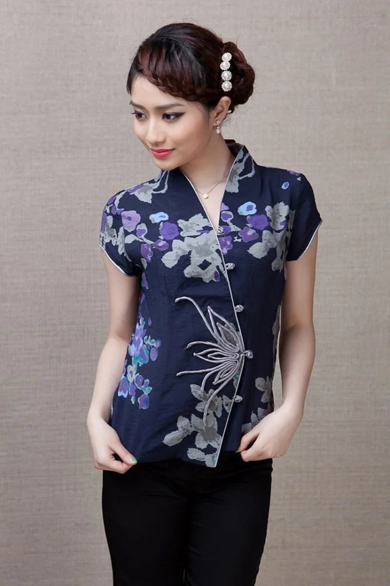 Китайские Топы Cheongsam для женщин летняя одежда Шанхай Тан Женская винтажная фольклорная рубашка женские китайские Топы TA1606