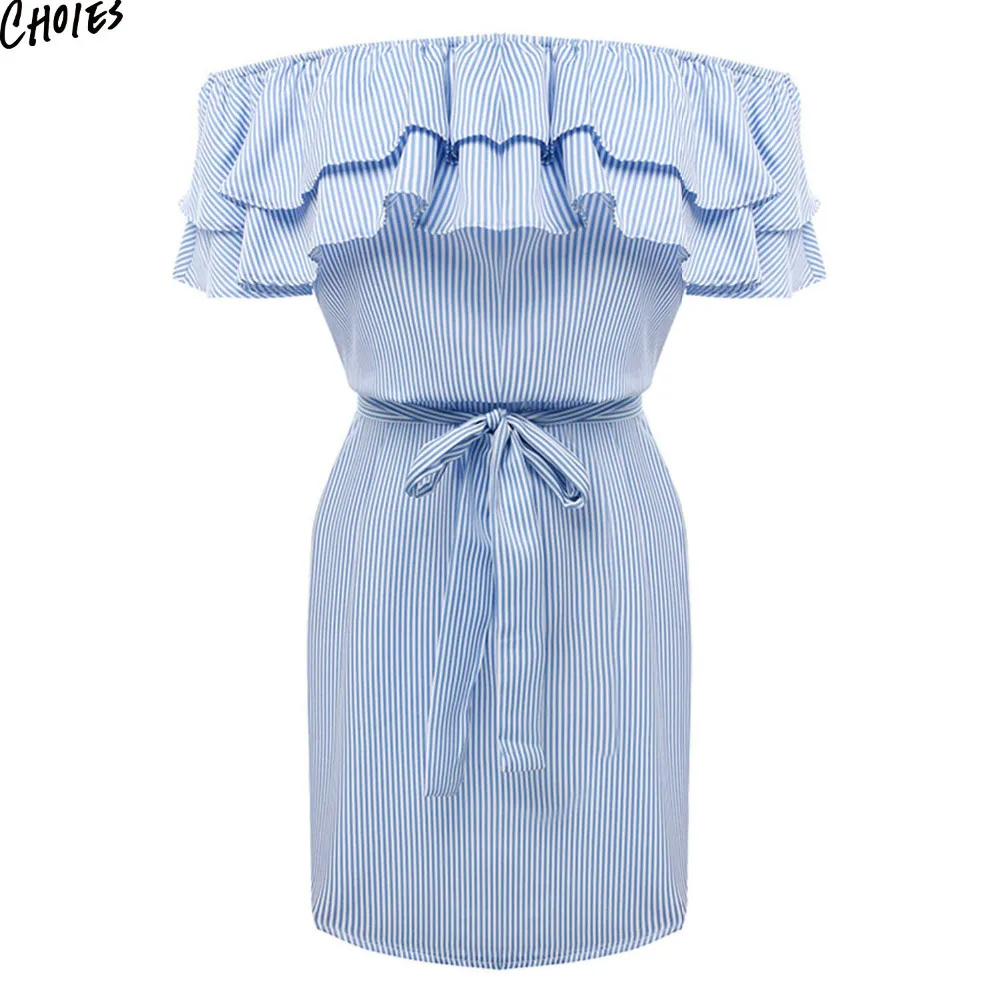 Женское многослойное платье мини в полоску с открытыми плечами оборками поясом и