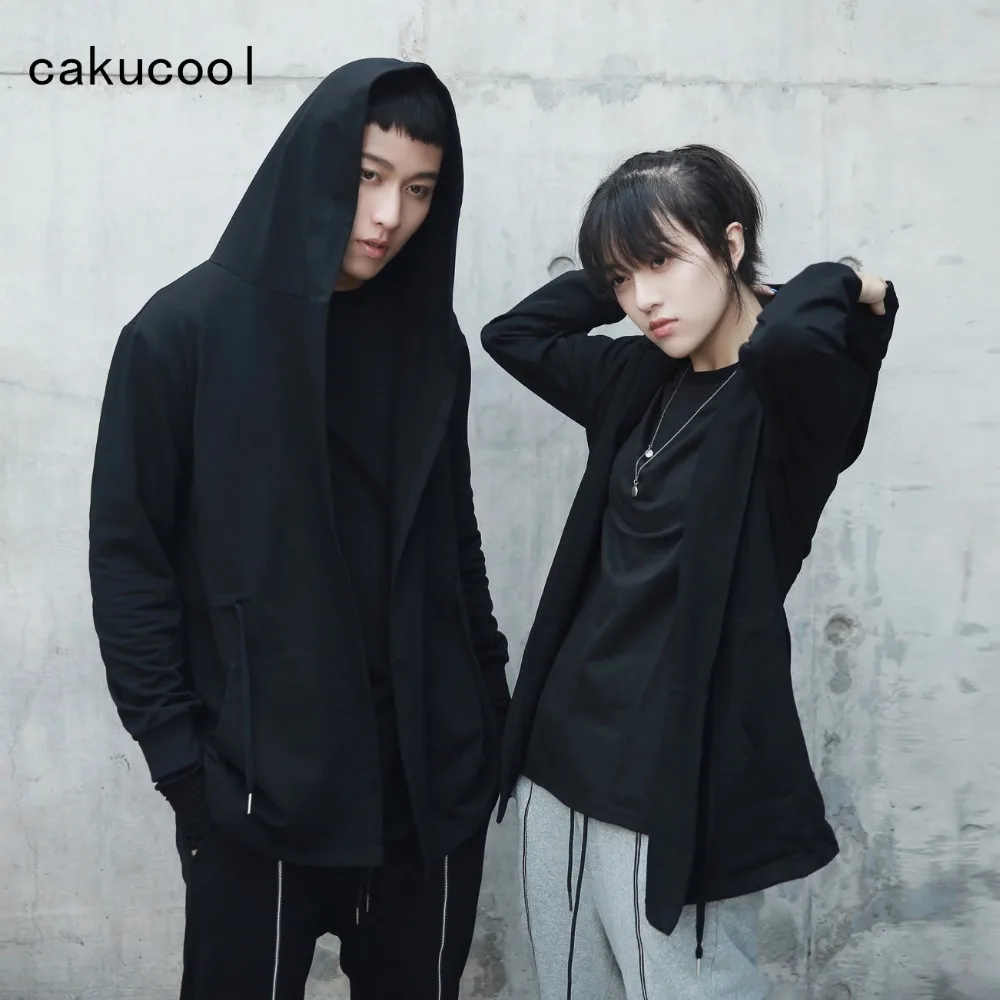 Cakucool для женщин готический Черная куртка Drawstring с капюшоном Открыть стежка Harajuku плащ волшебника верхняя одежда куртки для пары плюс размеры