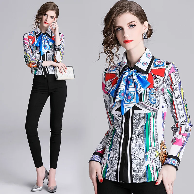 New Spring Gray Fashion Patchwork printing summer blouse 2019 Women Clothes Sexy long Shirt Korean Elegant Femme |