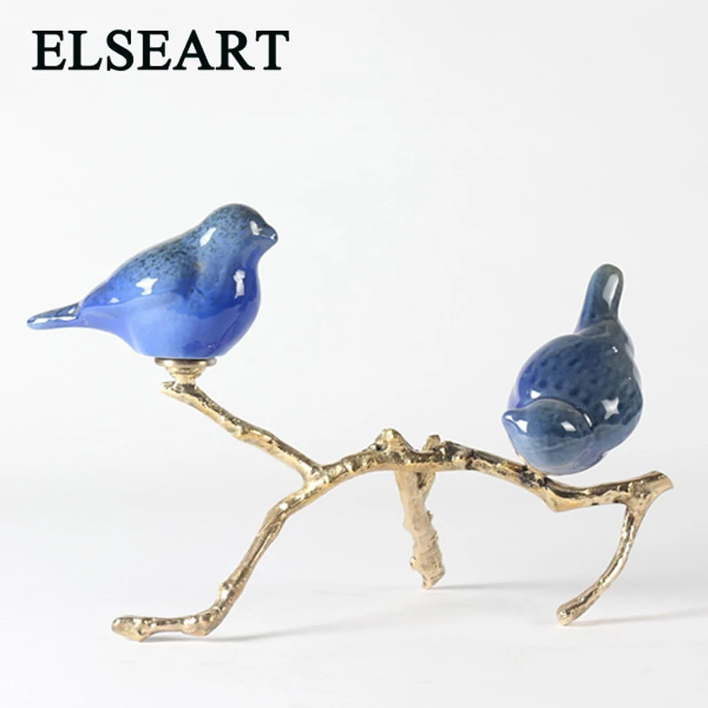 

European style luxury high top metal ceramic tree blue bird lovers for American living room home decoration