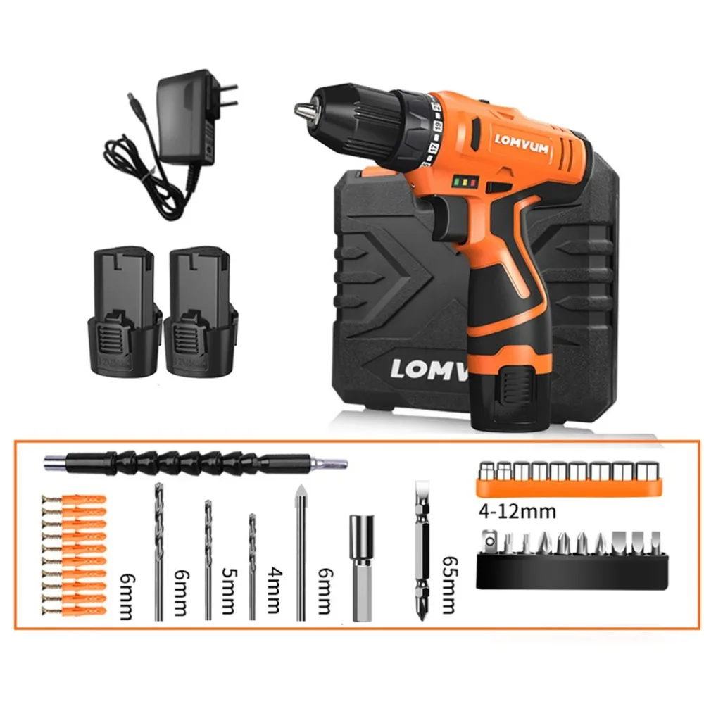 LOMVUM 12V Double Speed Electric Drill LED light Rechargeable Multifunction Mini Cordless Handheld Screwdriver Power Tools | Инструменты