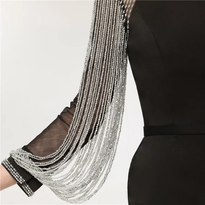 Vivian's Bridal Illusion Sleeve Beading Ribbons Women Long Evening Gown Black Floor-length Court Train Mermaid Dress | Свадьбы и