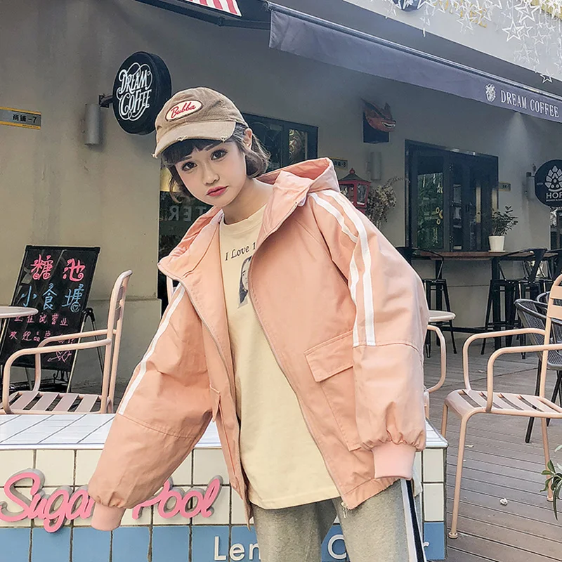 Весенние новые куртки с капюшоном, повседневные женские бомбочки, BF Harajuku, свободная ветровка, Женская куртка с длинным рукавом, осенние куртки