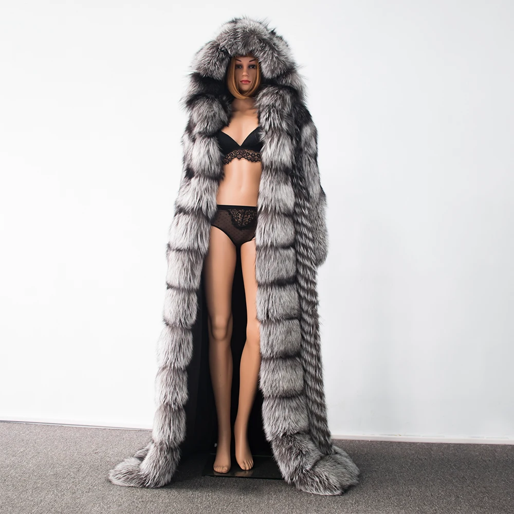 2022 Women Real Fox Fur Coat With Fur Hood 160 CM X-Long Luxury Silver Fox Fur Striped Female Jacket Full Pelt Thick Winter Coat