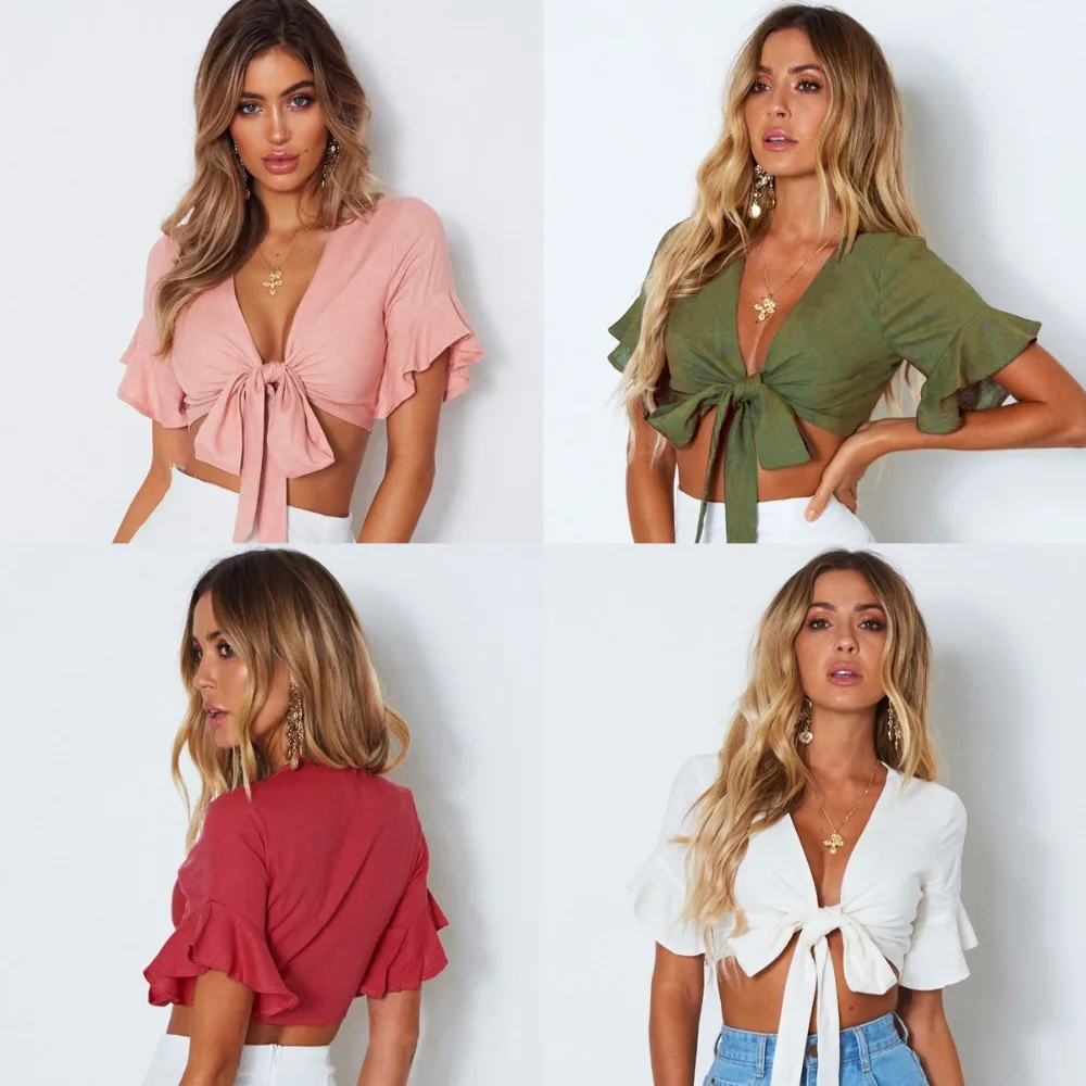 Летние пикантные топы Женская хлопковая рубашка футболка с глубоким V-образным