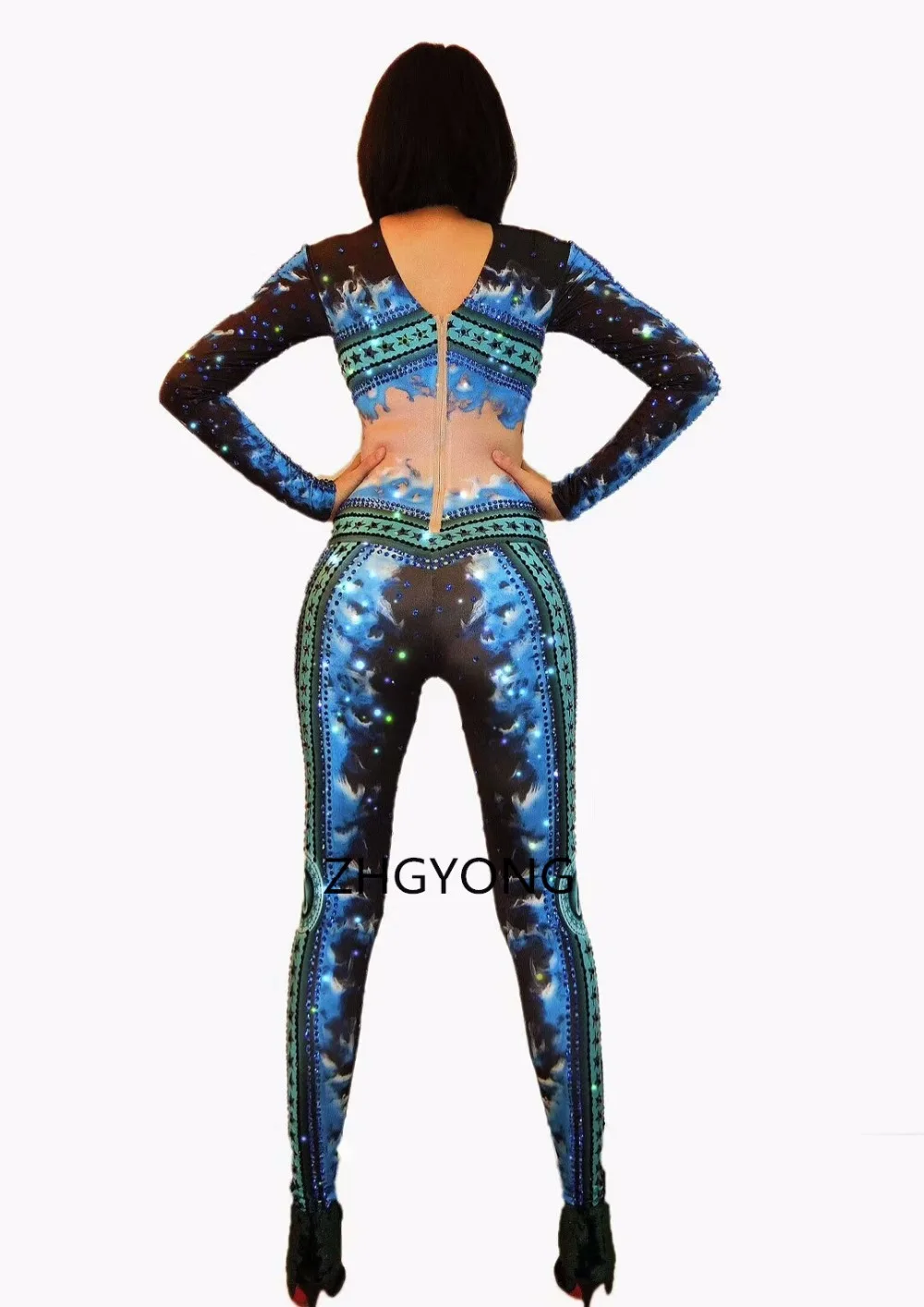 Обтягивающий женский комбинезон с голубыми кристаллами сексуальный купальник