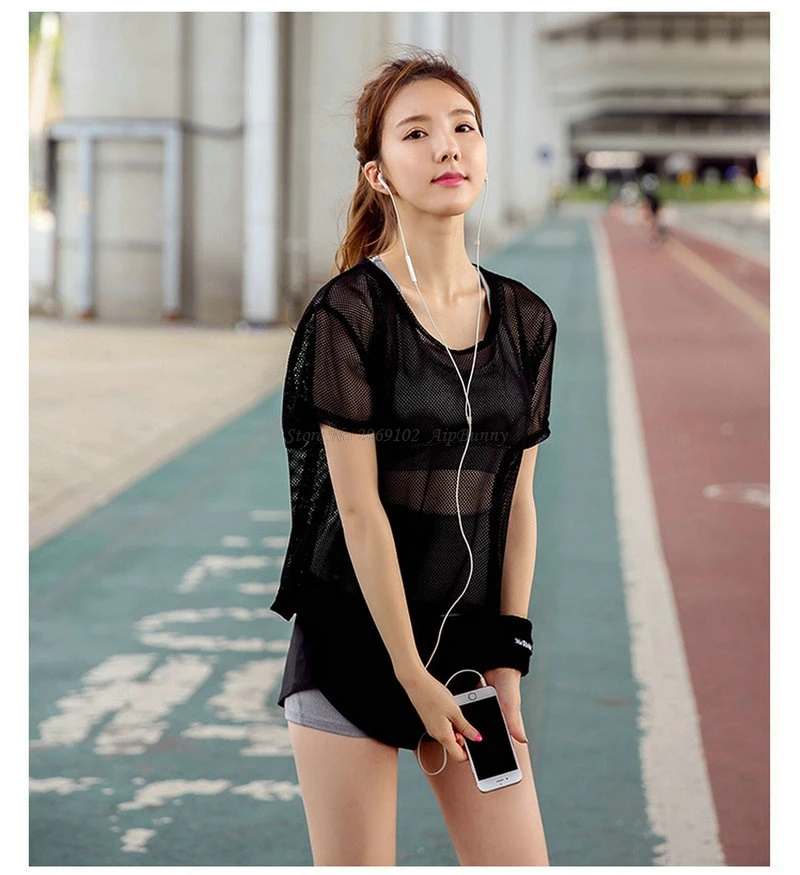 Сетчатая открытая футболка с короткими рукавами для женщин и йоги Лето 2017