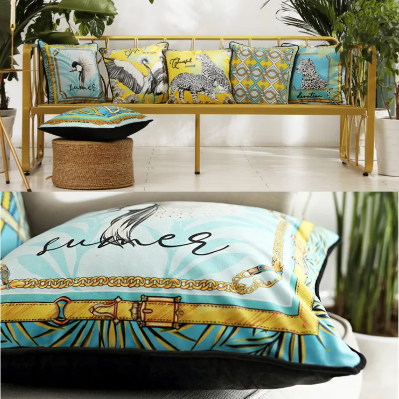 DUNXDECO Cushion Cover Decorative Pillow Case Island Vocation Tropical Leopard Crowned Cranes Modern Luxury Coussin Decorating