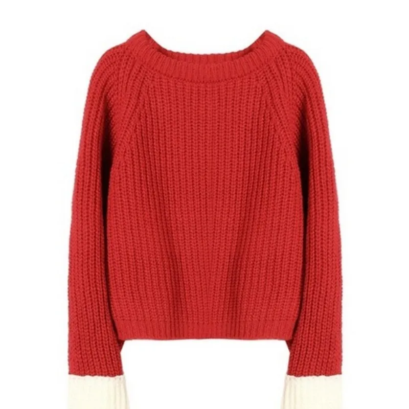 Fashion O-neck Women's Sweater Korean Vintage Color Block Cuffs Loose Bat Sleeve Pullovers Woman Winter 2019 | Женская одежда