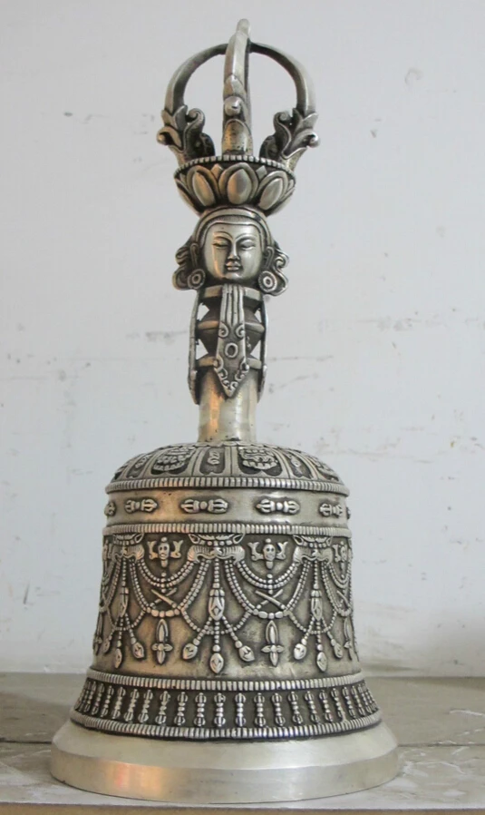 

xd 001852 14"Tibet Silver plated bronze Green Tara Buddha head exorcism Vajra Bell