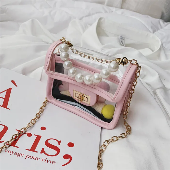 pink KAFVNIE Роскошная детская сумка из ПВХ, сумка на плечо для детей, жемчужная полукруглая металлическая цепочка, Сумка с клапаном, блестящая вечерняя сумочка для девочек - Цвет: pink