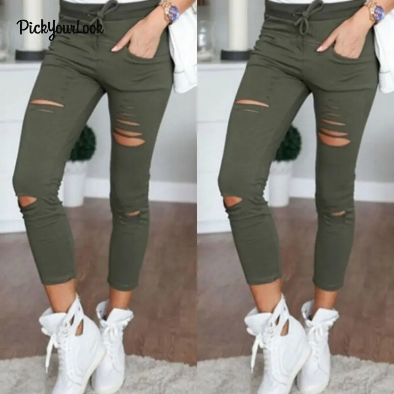 Армейский зеленый Pickyourlook женские рваные брюки с высокой талией рваные брюки джинсы-скинни трусы женские леггинсы с дырками размера плюс брюки D30 - Цвет: Армейский зеленый