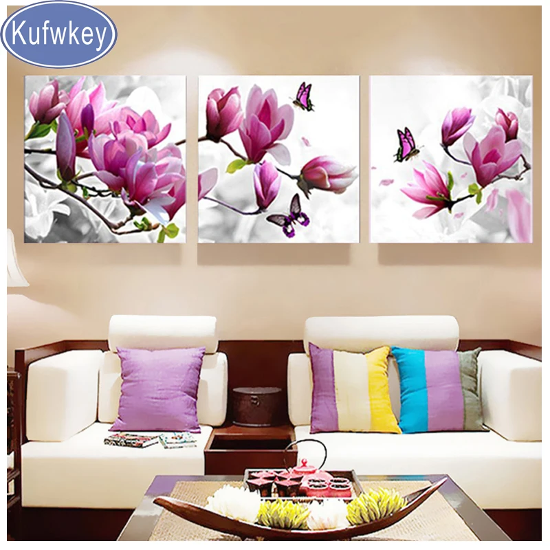 Триптих вертикальная алмазов картина Магнолия вышивки диаманта цветка камни в