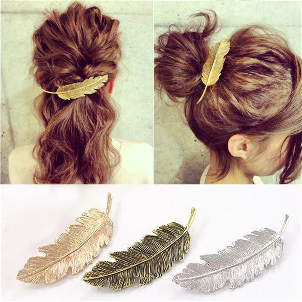 

1Pcs Fashion Metal Leaf Shape Hair Clip Barrettes Crystal Pearl Hairpin Barrette Color Feather Hair Claws Hair Styling Tool