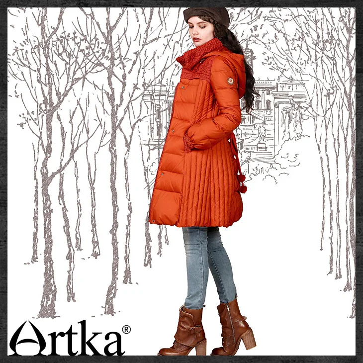 Artka женский ретро новый зимний высоким воротником со шляпой 90%-Белый утиный пух