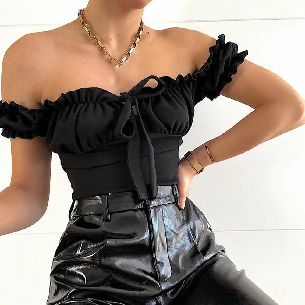 Боди женское летнее с открытыми плечами и короткими рукавами-фонариками |