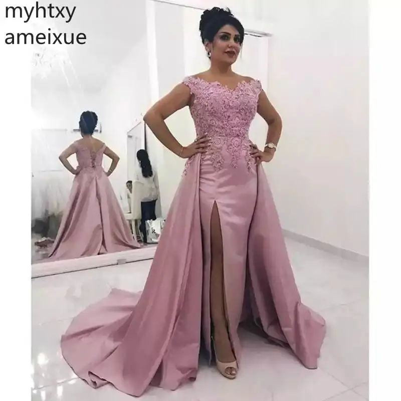 2021 New Pink Plus Size Evening Gown Dresses For Women V-neck Court Train Trumpet Sleeveless Floor-length Satin Empire Off The | Свадьбы и