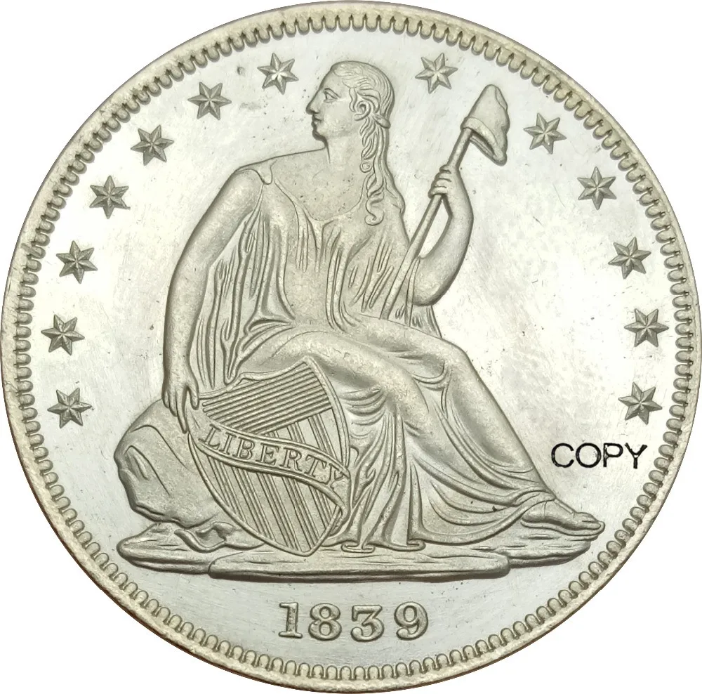 

Соединенные Штаты свободы сидя половина долларов без девиза над орлом 1839 драпировка от локтя Мельхиор покрытием серебро копия монеты