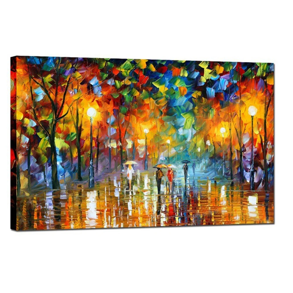 Large Handpainted Lover Rain Street Tree Lamp Landscape Oil Painting On Canvas Wall Art Pictures For Living Room Home Decor | Дом и сад
