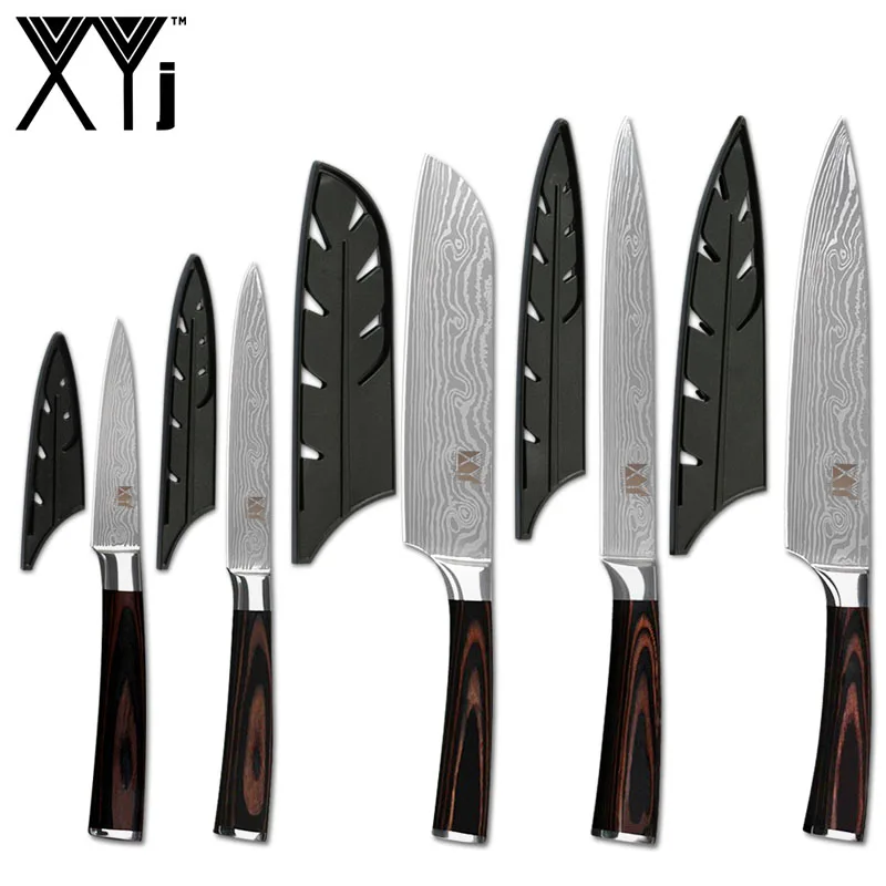 D.5Pcs Set and cover XYj нож из нержавеющей стали Дамасские вены лезвие цветная деревянная ручка кухонные заточки инструменты бар 8 дюймов Ножи подставка держатель - Цвет: D.5Pcs Set and cover