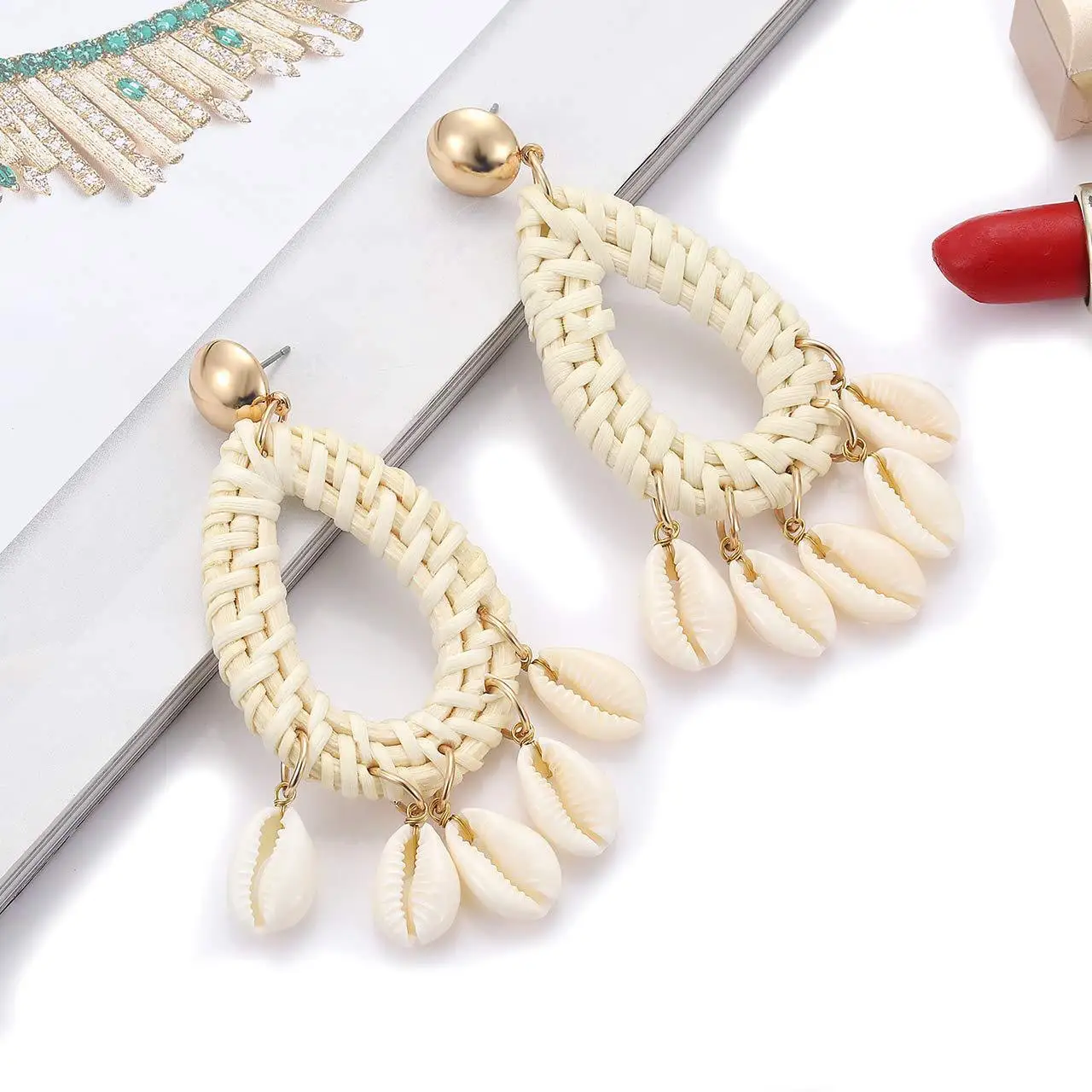 Bohemian Summer Earring Jewelry with Handmade Staw Weave Rattan Knit Sea Ocean Shell for Women Gift | Украшения и аксессуары