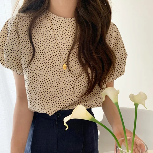 photo color blouse Neploe, летние винтажные женские топы, рубашки с пышными рукавами, элегантная женская блузка, Корейская новинка, в горошек, с круглым вырезом, женская блуза 39574 - Цвет: photo color blouse
