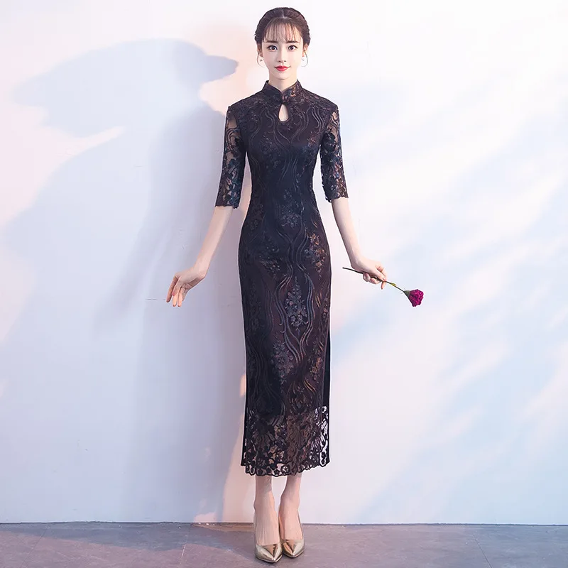 Черное женское длинное платье Чонсам в китайском стиле с воротником мандарин