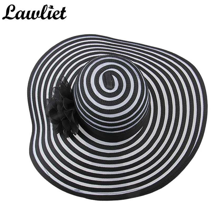 

Lawliet Chapeau Summer Hats for women Wide Birm Striped Hats Ladies Floppy Kentucky Derby Beach Hats Flower Sun Beach Cap T238