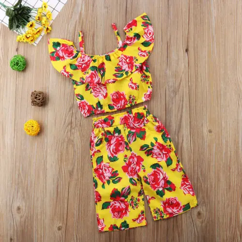 Модный комплект одежды для маленьких девочек: топ с цветочным принтом и брюки От 1