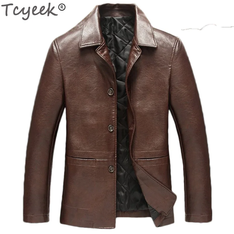Куртка Tcyeek мужская кожаная однотонная приталенная деловая из искусственной кожи