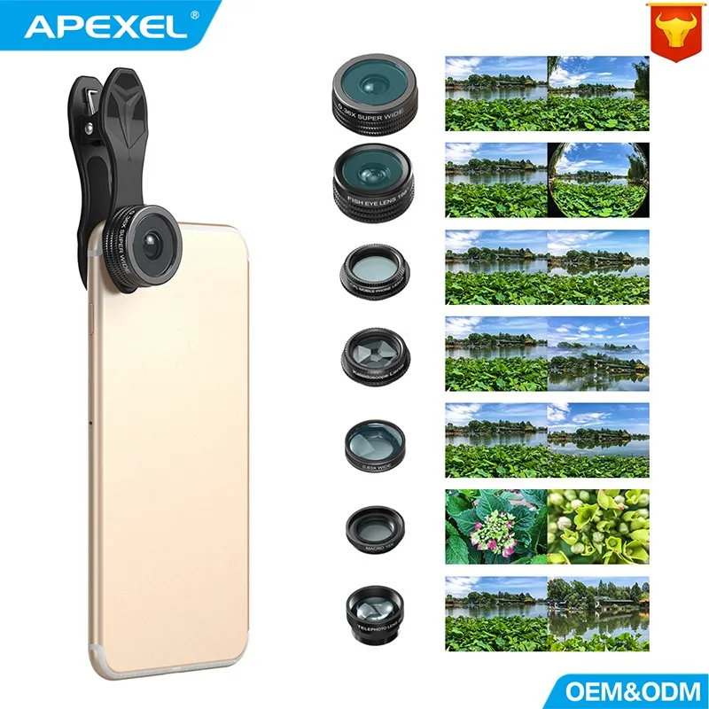 APEXEL объектив камеры 7в1 в мобильный телефон рыбий глаз Широкоугольный макро