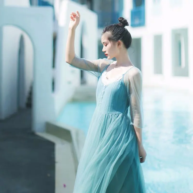

IRINAY515 2019 Spring Summer Collection new arrival see through sleeves vintage tulle long dress women