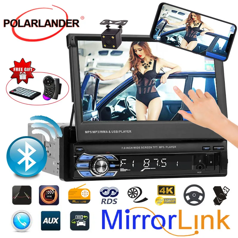 

1 Din for Rear Camera Car radio MP5 Player Multimedia Car Audio Stereo Bluetooth 7" HD Retractable Autoradio AUX-